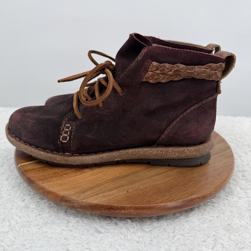 Born Temple Boots Womens Size 8 Purple Suede Ankle Booties Braided Trim Wedge - Picture 4 of 10